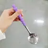 Cuchara de acero inoxidable con perla de celebridad de internet mango de plástico cuchara de comedor corazón de niña uso doméstico cuchara para comer cuchara de sopa pequeña mango largo cuchara redonda