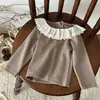 Top de punto acanalado estilo INS para bebé y niño pequeño, con cuello de volantes y mangas largas, una capa interior estilo princesa para niñas.