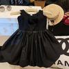 Vestido de niña 2025 Verano Espalda Descubierta Negro Vestido Coreano Vestido Inflado para Niños