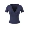 Ropa de Mujer al por Mayor Transfronteriza Estilo Europeo y Americano 2026 Primavera Nueva Elegante Ajustada de Línea Dividida Cuello Cruzado Camiseta de Manga Corta