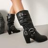 Novas Fivelas de Cinto Botas de Cano Médio Botas de Cavaleiro Britânico Botas de Moda de Salto Alto Grosso Tamanhos Grandes 40-50 Botas de Exportação