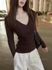 Suéter de Tricô Gola V Estilo Europeu e Americano para Mulheres, Início do Inverno, Valoriza Seios Grandes, Cintura Fina, Mangas Longas, Textura Canelada, Peça Interna Elegante, Top Emagrecedor