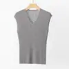Colete de Tricô de Bambu com Decote V Novo Primavera/Verão 2026 para Mulheres, Cor Sólida Costurado Slim Fit Camada Base