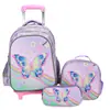 Fábrica en stock Bolsa con ruedas cargable para estudiantes de escuela primaria Bolsa de almuerzo Bolsa de lápices Mochila de tres piezas con dibujos animados lindos para niños