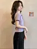 Camiseta de punto de manga corta con diseño de cuello polo morado para mujer, nuevo estilo verano 2026, top elegante y versátil A13184