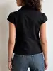 Camisa Curta de Manga Curta com Botões Duplos Estilo Retrô Americano para Mulheres, Top Preto Curto com Bolsos para Afinar a Cintura, para Meninas Modernas