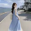 Vestido falso de duas peças texturizado listrado estilo francês para mulheres, novo para o verão, soltinho, modelador e elegante, com caimento fluido