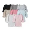 Camiseta Corta de Manga Media Hombro Caído Cuello en U Ajustada para Mujer Color Sólido Estilo Chica Francesa Caliente Top de Manga Corta para Mujer Verano SY9039