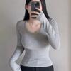 Camiseta Base Blanca Ajustada de Cuello en U Versátil Básica Sexy que Favorece la Figura Dongdaemun Coreana Transfronteriza