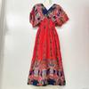 Vestido Estilo Étnico 2025 Novo Algodão Seda Estampado Vestido Feminino Decote V Viagem Tailândia Férias Vestido de Praia