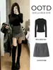 Top Base Camada Redonda Preto para Mulheres, Outono/Inverno, Roupa Íntima Quente com Veludo Extra, Saia Midi Lã Elegante, Conjunto Estilo Coreano