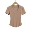 Doce e Apimentada Decote V Slim-fit Manga Curta Camiseta Moda Ins Combinação Perfeita Figura Sexy Cintura de Formiga Bainha Curva Top