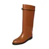 Botas de montar de piel de vaca de dos capas para mujer, botas largas de pierna recta nuevas, piel genuina, punta redonda, tacón bajo, sin cordones, botas altas hasta la rodilla