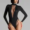 Primavera y Verano Moda Americana Nuevo Sexy Profundo V Transparente Malla Empalmada Interior y Exterior Mono de Manga Larga para Mujer