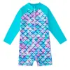 Roupa de banho infantil de manga comprida para meninas, maiô de sereia de peça única, roupa de surf com proteção solar para crianças maiores, moda praia para meninas