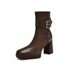 Botas finas de salto super alto femininas com fivela de cinto 2024, salto grosso de inverno, couro de vaca, camurça, costura, cabeça quadrada, botas elásticas