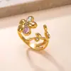 Joias Populares Transfronteiriças de Aço Inoxidável, Estilo de Luxo Leve, Anel Banhado a Ouro 18K, Design de Flor Fundida, Anel Aberto de Aço Titânio Fábrica