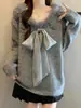 2025 Nuevo Otoño e Invierno Cuello en V Punto con Lazo Estilo Francés de Alta Gama Jersey de Punto con Panel de Piel Sintética para Mujer
