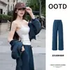 Conjunto esportivo casual azul para mulheres, nova jaqueta de outono 2026, moletom, calça com capuz, conjunto estilo coreano petite