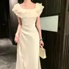 Vestido sereia de cetim puramente sensual para mulheres, vestido de noite versátil de alta qualidade com babados, vestido longo branco, estilo de deusa