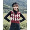 Chaleco Retro de Cuadros Diamante para Mujer 2023 Otoño Nuevo Cuello en V Top Corto de Punto Holgado Chaleco Moderno Ropa Exterior