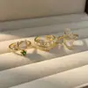 Anel Aberto de Luxo Leve Exquisito Olho de Gato Folha Multicamadas Cruzado Concha Pérola Diamante Verde Zircônia Anel Empilhável para Mulheres