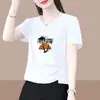 2026 Nueva Camiseta de Manga Corta con Cuello en V Estilo Comercio Exterior para Mujer, Holgada Talla Grande, Adelgazante, Cubre Vientre Top de Media Manga