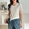 Playera de Acetato de Color Sólido con Cuello en V y Manga Corta Tops para Mujer Verano 2025 Nuevo Estilo Casual Holgada Camiseta Básica Tejida