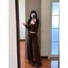 Conjunto Esportivo Casual Cor Café Jaqueta com Gola Alta Camisole Feminina Calça Cropped Reta Calça Casual Conjunto de Três Peças