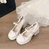 Sapatos de Salto Alto com Laço de Renda Estilo Francês para Mulheres, Novo Modelo Primavera 2026, Combinados com Saias, Sapatos Mary Jane com Salto Grosso Estilo Japonês, Sapatos Pequenos de Couro