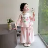 Nuevo Estilo Niñas Nuevo Estilo Chino Moderno Verano Hanfu Conjunto de Dos Piezas sin Mangas y Pantalones Estilo Antiguo para Niñas