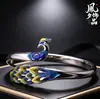 Pulsera abierta estilo étnico de pavo real cloisonné, pulsera de plata esmaltada azul cocido, pulsera de muñeca ajustable retro china