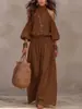Verão 2026 Novo Europeu e Americano Transfronteiriço Amazon Moda Casual Gola Redonda Solto Manga Longa Vazado Conjunto de Top e Calça