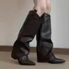 Botas Melard de outono estilo retrô, bico fino, over-the-knee, com pregas e corte flare, botas femininas de salto bloco, emagrecedoras e estilosas