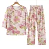 Novo top feminino estilo chinês para primavera e verão, novo cardigã estilo nacional com decote V e mangas 3/4 estampadas, camiseta, roupa de casa, conjunto leve