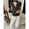 Sinan Principios de Primavera Nuevo Estilo Elegante Cuello Halter Cinta Cuello en V Cruzado Ajuste Ceñido Adelgazante Tejido Manga Corta Top Sn8633