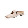 Sapatos Mula de Couro Camurça Vazado Estilo Francês Camélia Camada Superior 2025 Salto Médio Grosso Bico Quadrado Bico de Couro Genuíno Chinelos de Uso Externo para Mulheres