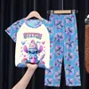 Comercio Exterior Pijamas Infantiles Primavera y Verano Manga Corta Pantalones Trajes para Niños Dibujos Animados Lindo Stitch Ropa de Casa para Niñas Ola