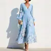 Vestido Estampado de Estilo Francés con Cuello en V y Mangas Largas de Amazon Transfronterizo, Elegante Vestido Largo con un Aspecto Refinado