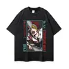 Camiseta de manga corta estilo anime, desgastada y lavada, con corte holgado, adecuada tanto para hombres como para mujeres, que encarna la estética anime de moda