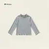 Blusa base feminina com babados e gola alta meia, estilo primavera e outono, manga longa justa e elástica, top infantil liso