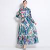 Vestido Largo Estampado de Manga Larga con Cuello Solapa Estilo Vacaciones 2025, con Cintura Ajustable y Dobladillo Acampanado, Vestido Bordado a Mano