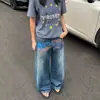 Jeans Vintage Lavados de Pierna Recta Amplia, Ajuste Limpio, Bordado de Letras, Tendencia Retro Transfronterizo Estilo Americano