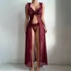 Comércio Exterior Transfronteiriço Europeu e Americano Lingerie Sexy para Mulheres, Vestido Camisola Sedutor com Fenda Transparente, Vestido Longo, Conjunto de Duas Peças com Tanga