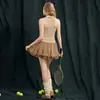 Conjunto de Ropa de Yoga para Mujer, Secado Rápido y Transpirable, Ropa Deportiva para Golf, Top sin Mangas, Falda Plisada de Malla, Almohadilla Fija en el Pecho