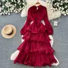 Vestido Largo Rojo de Manga Larga Estilo Socialité Francés para Mujer Sensación de Alta Gama Ceñido a la Cintura Volantes en Capas Falda de Pastel Vestido Largo Elegante