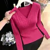 Suéter Minimalista de Punto Trenzado con Cuello en V Estilo Coreano para Mujer Otoño/Invierno Corto Ceñido a la Cintura Capa Estilo Suave Top de Manga Larga para Mujer
