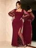 Estilo europeo y americano, transfronterizo, escote cuadrado, tela de malla, con lentejuelas, con flecos, de manga larga, con abertura alta, vestido estilo sirena, adecuado para banquetes, fiestas y como vestido formal para anfitrionas
