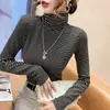 Camiseta base de cuello alto a rayas de terciopelo doble cara para mujer, nuevo top cálido de manga larga ajustado para otoño e invierno
