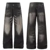 G6962 Calle Principal Estilo Americano Unisex Mezclilla Lavada Hecho a Mano Diseño de Bigotes de Gato Jeans de Corte Holgado Ligeramente Acampanados para Hombre